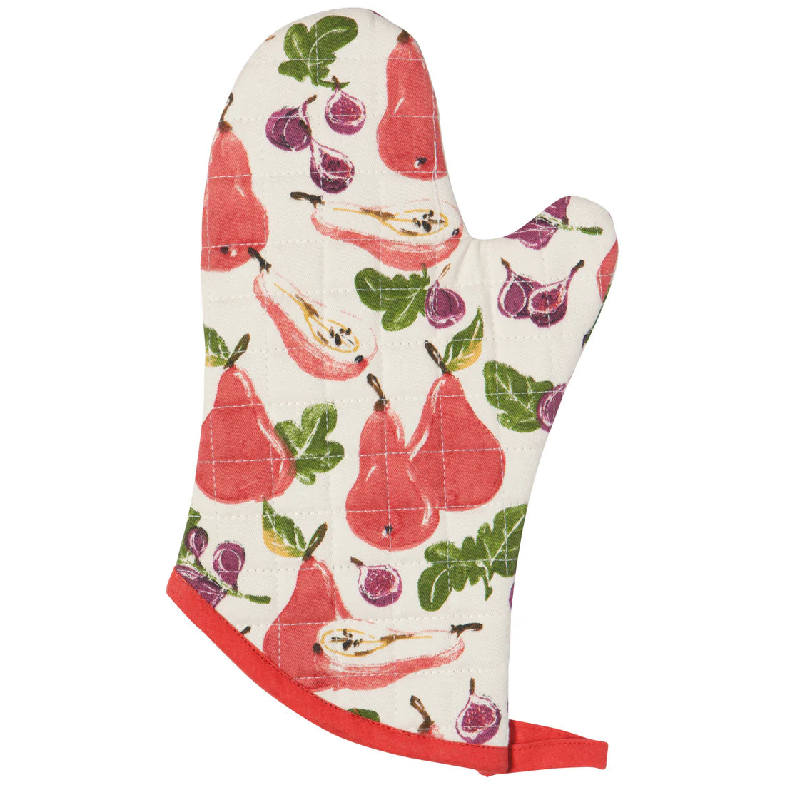 off-white oven mitt with pear and fig design printed on it.