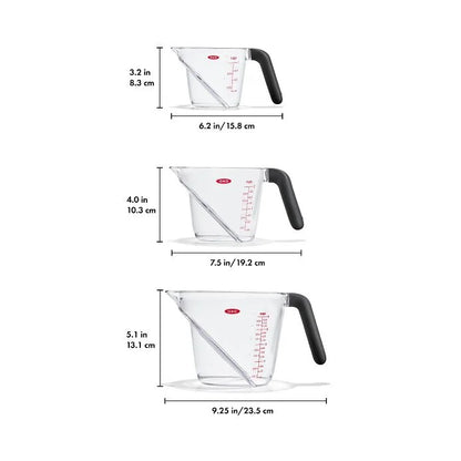Angled Measuring Cup Set shown with size measurements