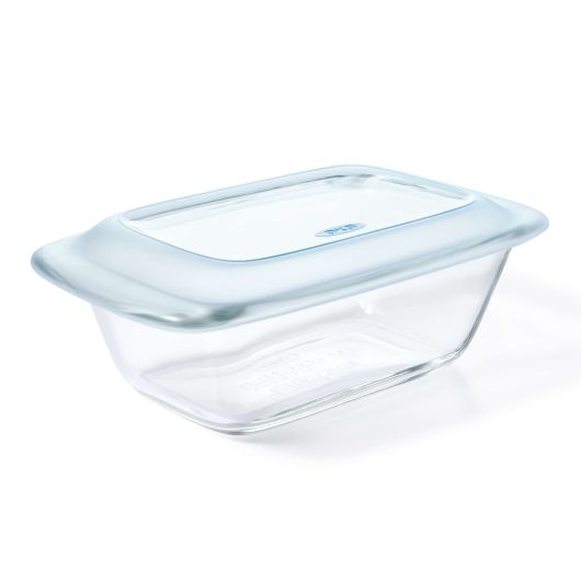 glass loaf pan with lid displayed against a white background