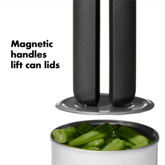open can of beans with magnetic handle ends lifting lid off.