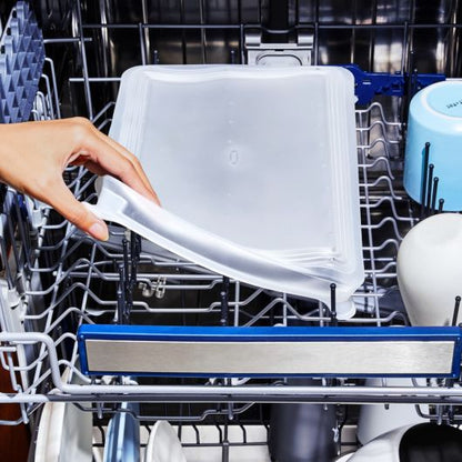 rectangle Good Grips Silicone Bakeware Lid in the top rack of a dishwasher