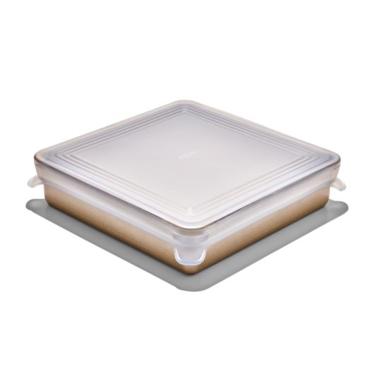 square Good Grips Silicone Bakeware Lid displayed on a square baker against a white background