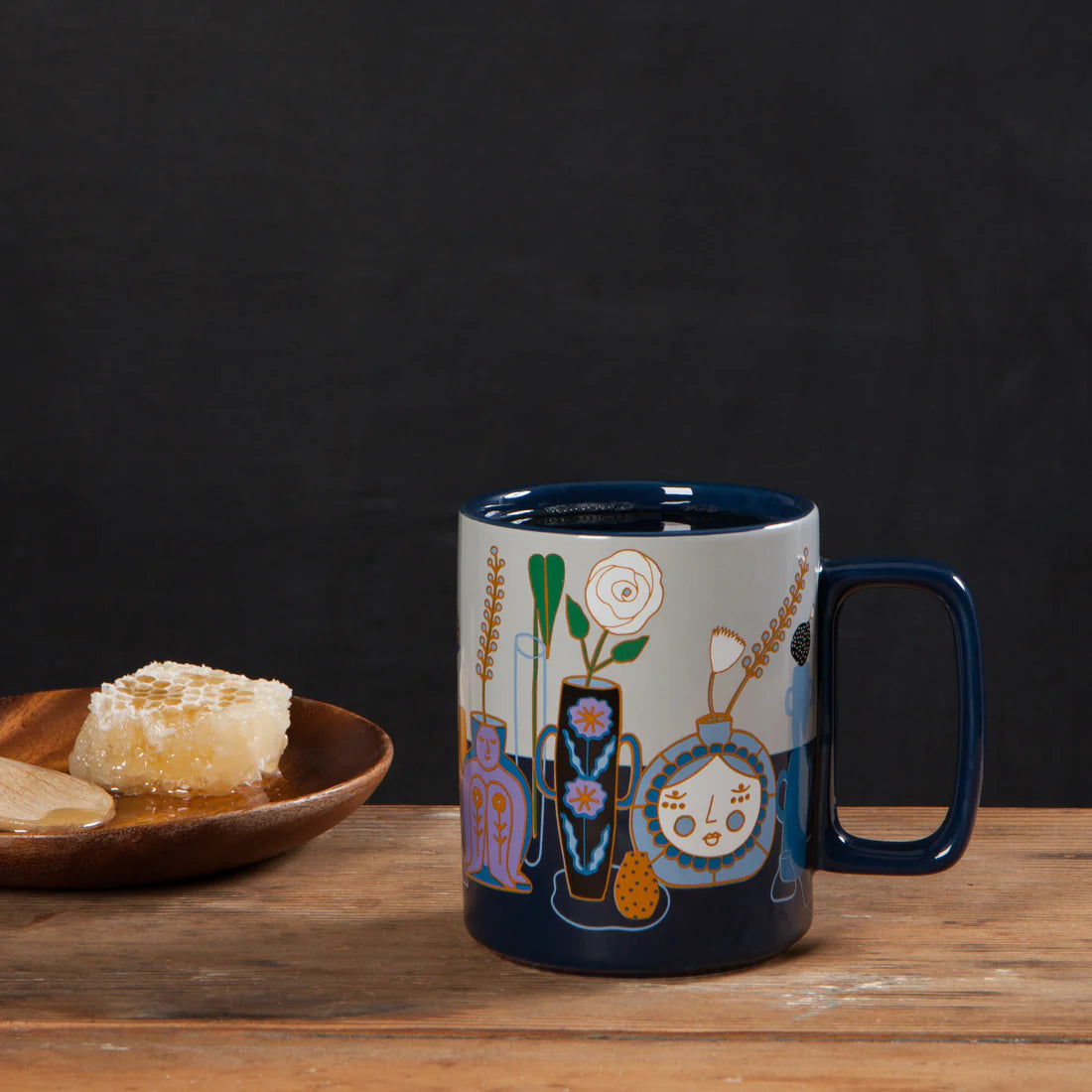 Still Life Studio Mug on a table with a plate of honeycomb