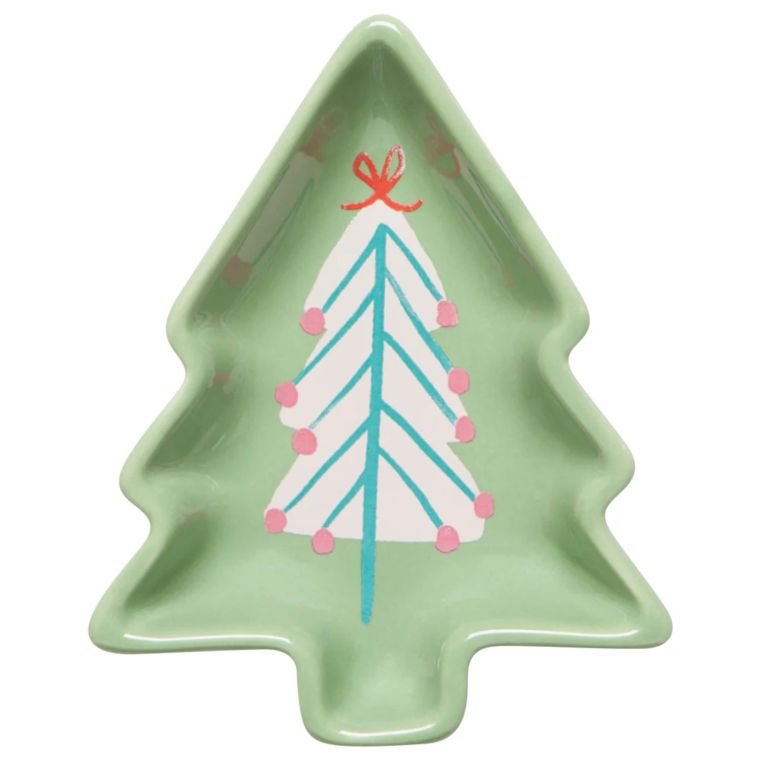 light green tree shaped dish with a pink tree printed in the bottom.