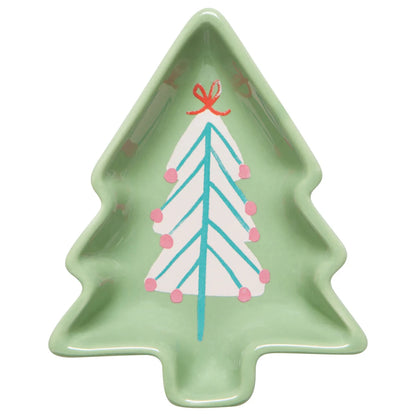 light green tree shaped dish with a pink tree printed in the bottom.