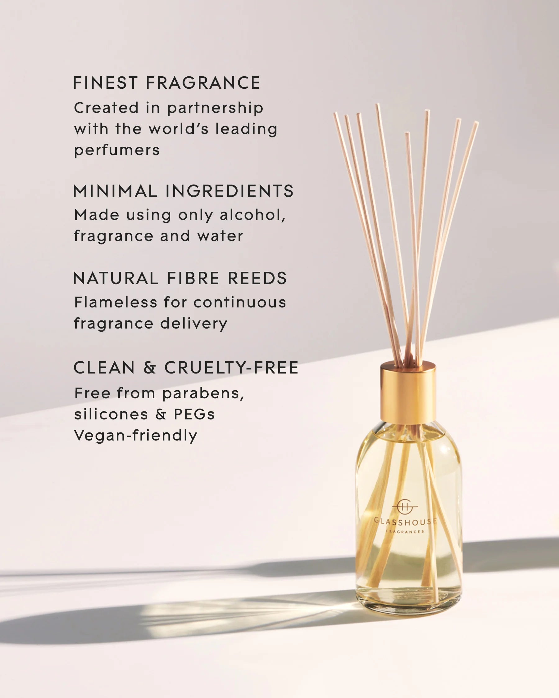 Diffuser with reeds and text about its features on a light background