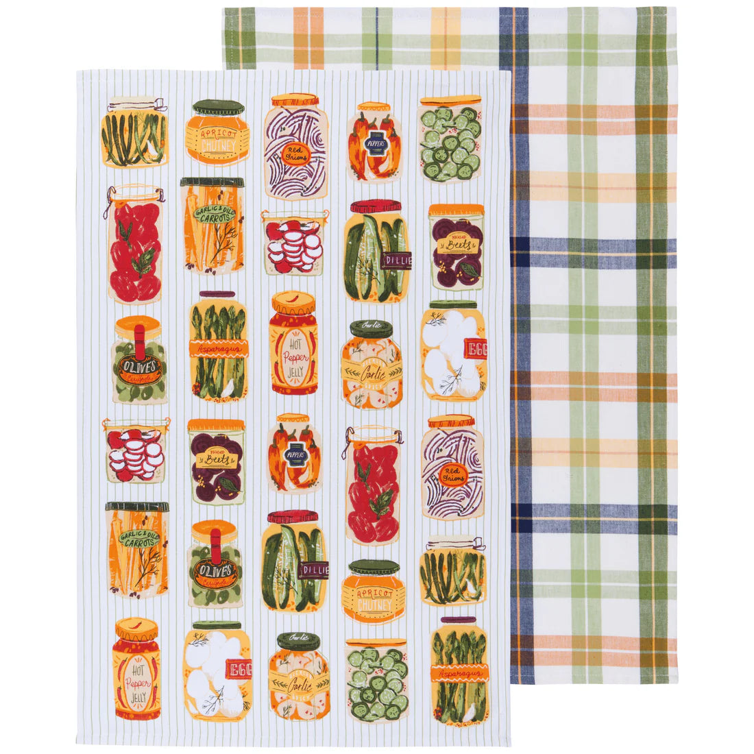 2 assorted pickling dishtowels laying flat on a white background.