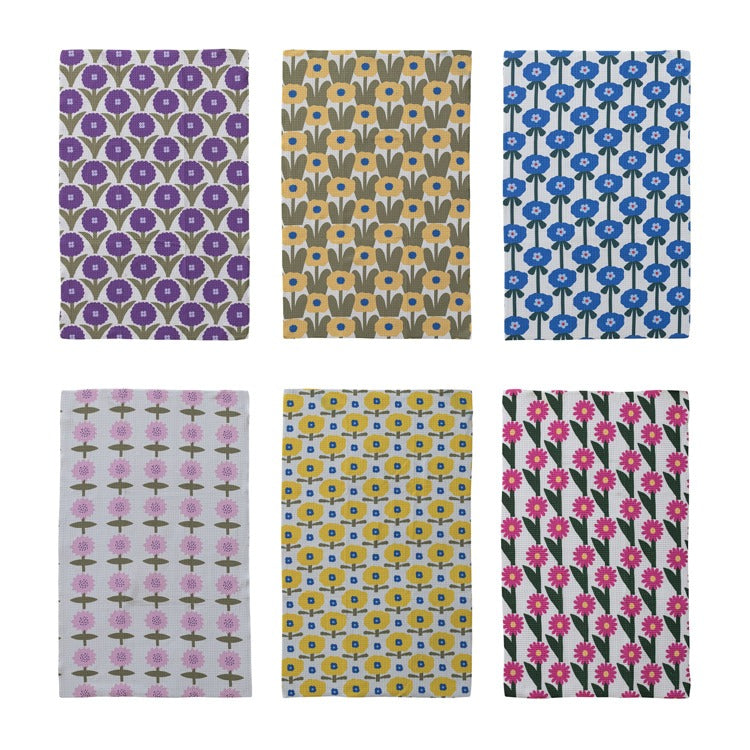 6 different flower patterned tea towels