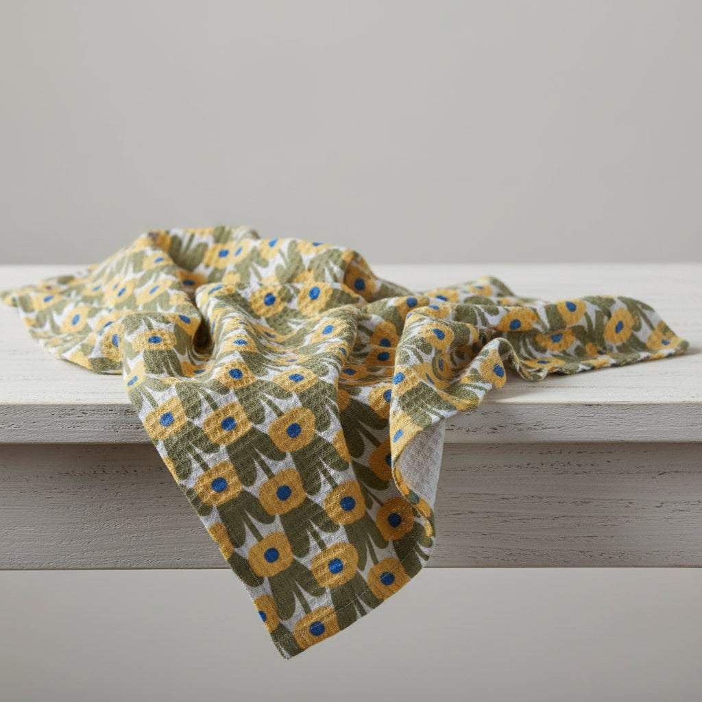 white tea towel with yellow flowers with blue centers and olive green leaves draped over a white wooden table