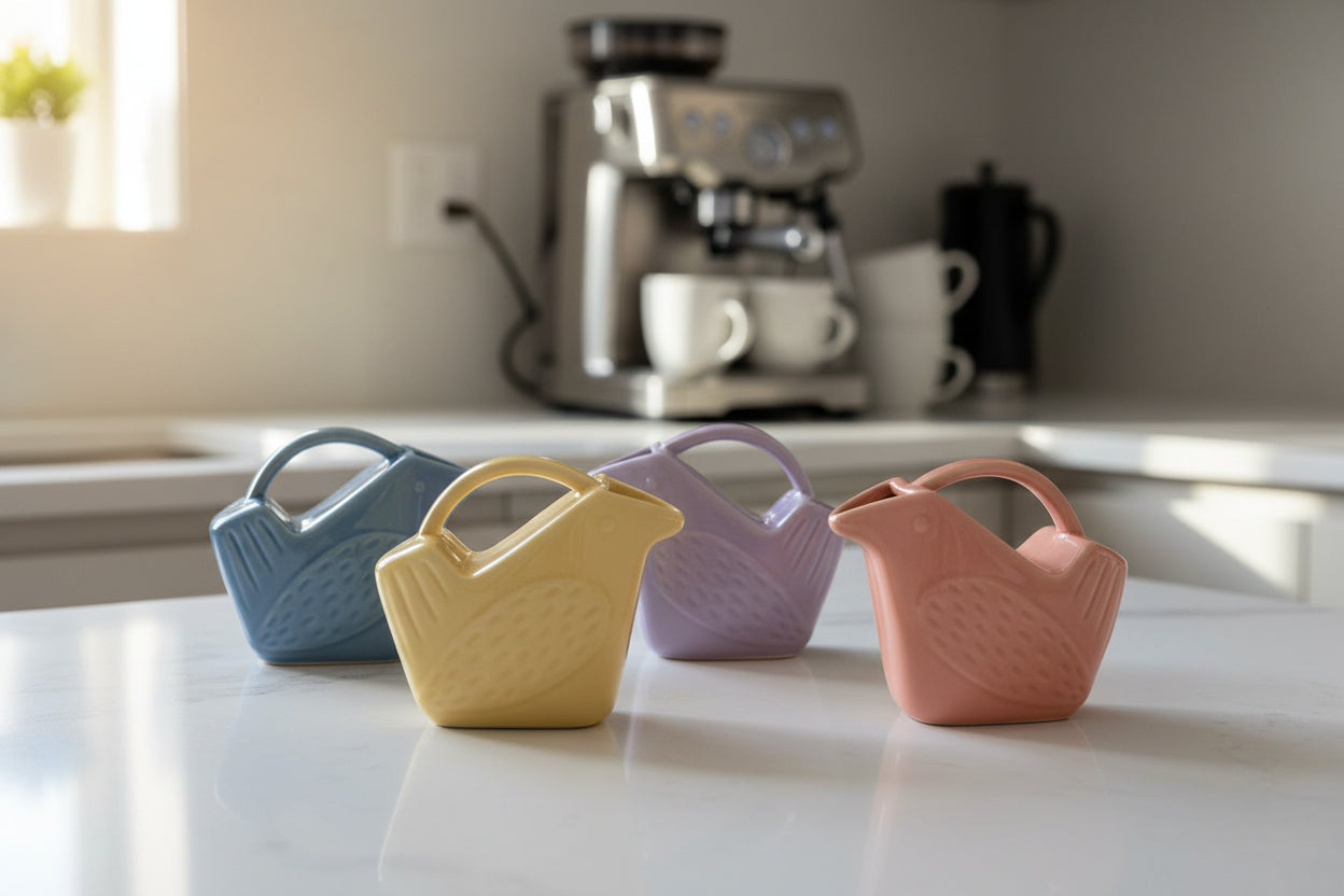 assorted bird shaped cream pitchers on a countertop in a kitchen with a coffee machine in the background