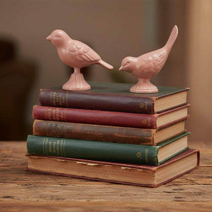 Two pink metal bird figurines on a stack of books on a table