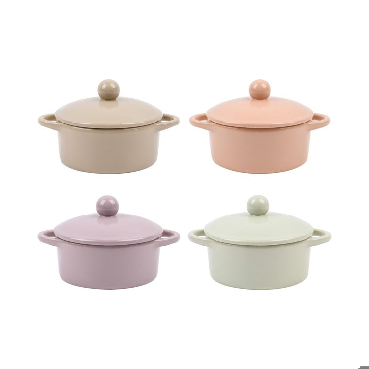 taupe baker and a coral baker above a purple baker and green baker