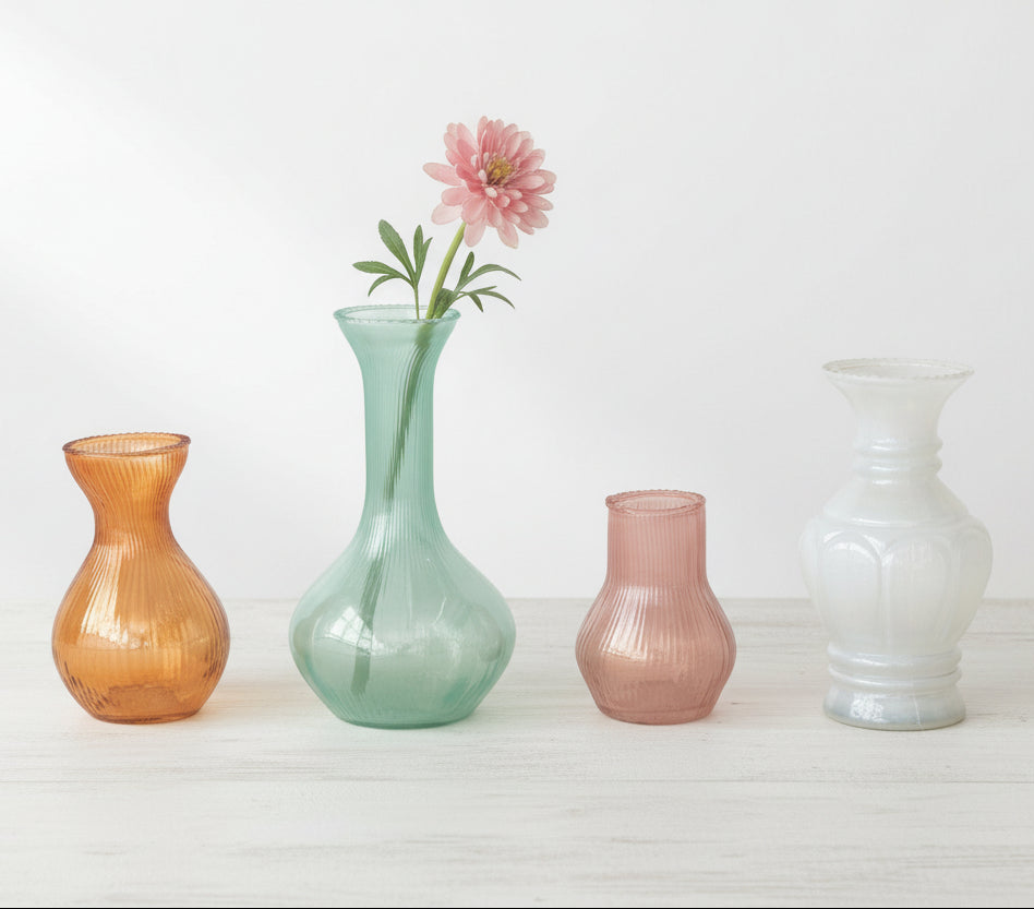 Four glass vases of different colors on a white wooden surface with a pink flower in one of them
