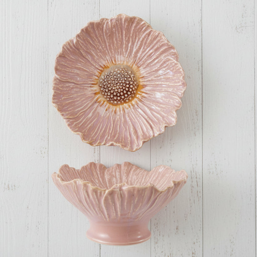top down view and side view of light pink flower shaped pedestal bowl