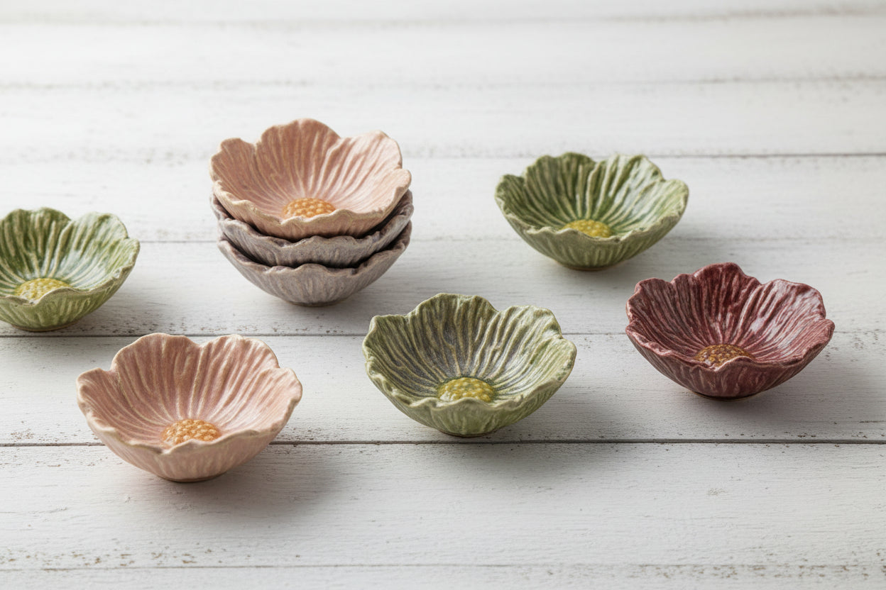 assorted pastel flower shaped bowls arranged on a white wooden surface