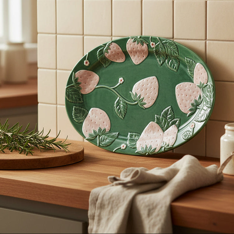 Green ceramic platter with strawberry pattern on a wooden counter in a kitchen setting