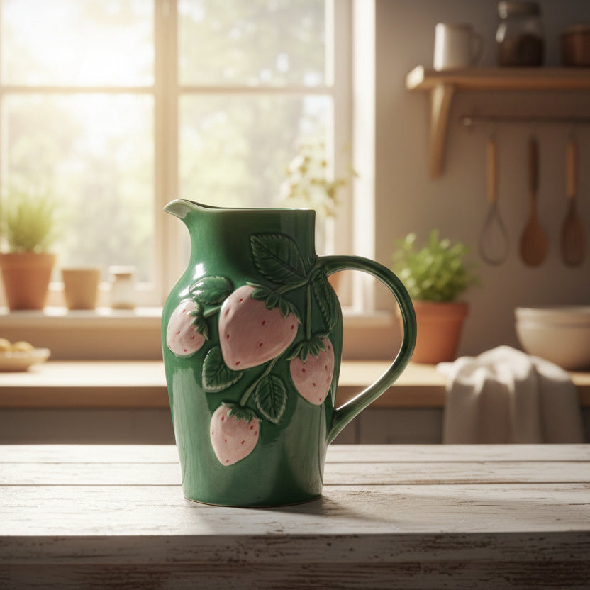 Green ceramic pitcher with pink strawberry designs in a kitchen setting