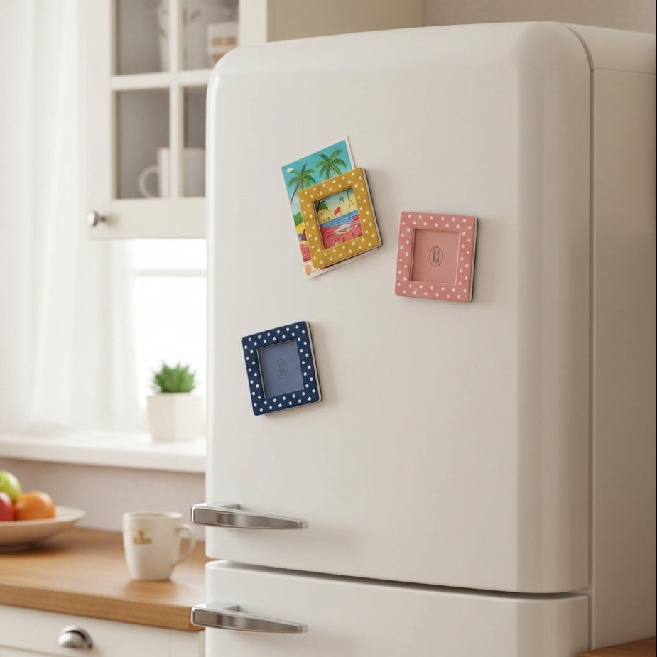 3 frames on a fridge, one is on a vintage postcard