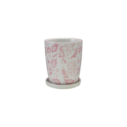pink and white floral planter with white saucer shown on a white background