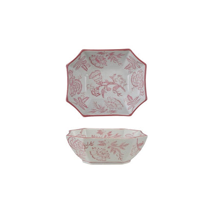 top and side view of white bowl with pink floral design