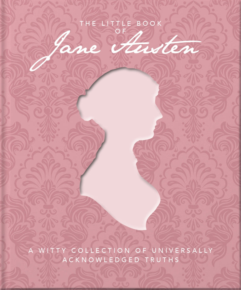 pink front cover of little jane austen book with her profile printed on it.