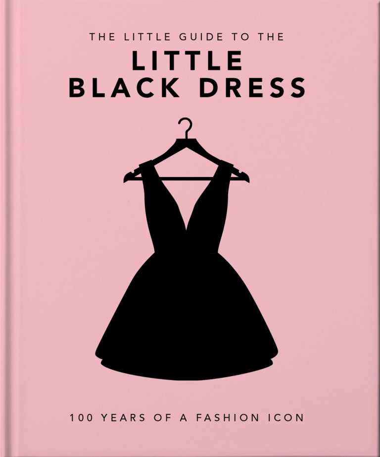 pink front cover of little black dress book with the silhouette of a black dress on a hanger printed on it.