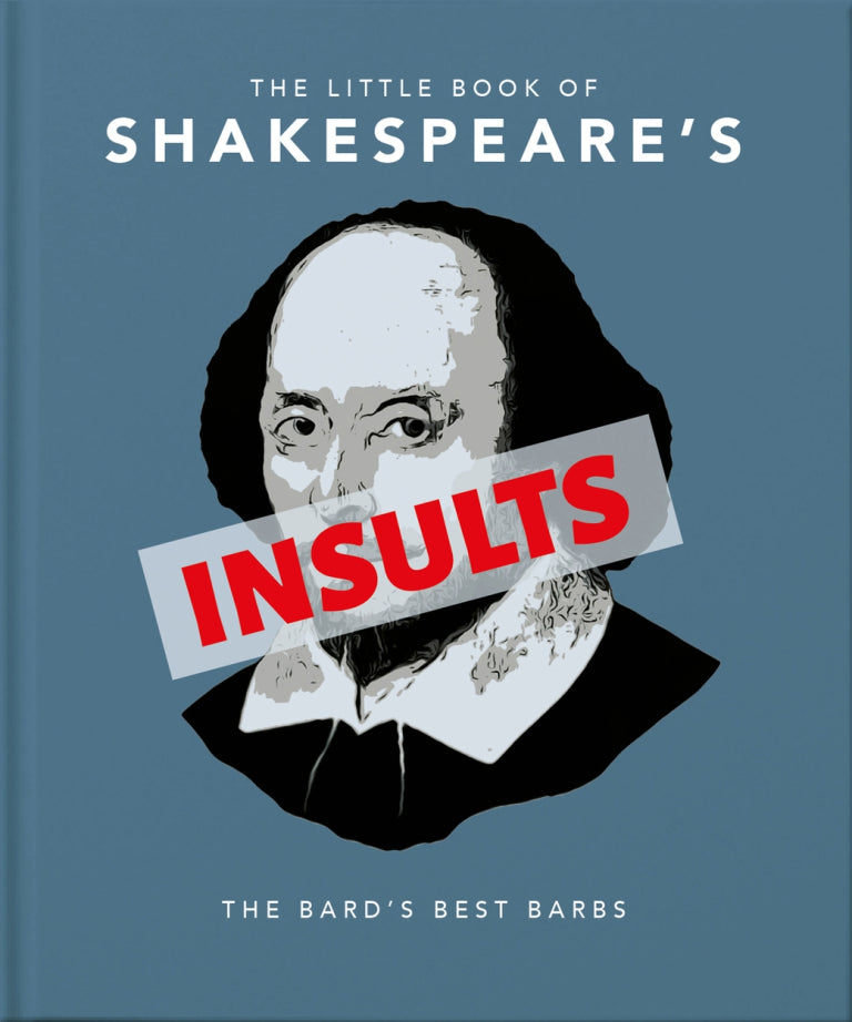 blue front cover of little book of shakespeare's insults with graphic of shakespeare printed on it.