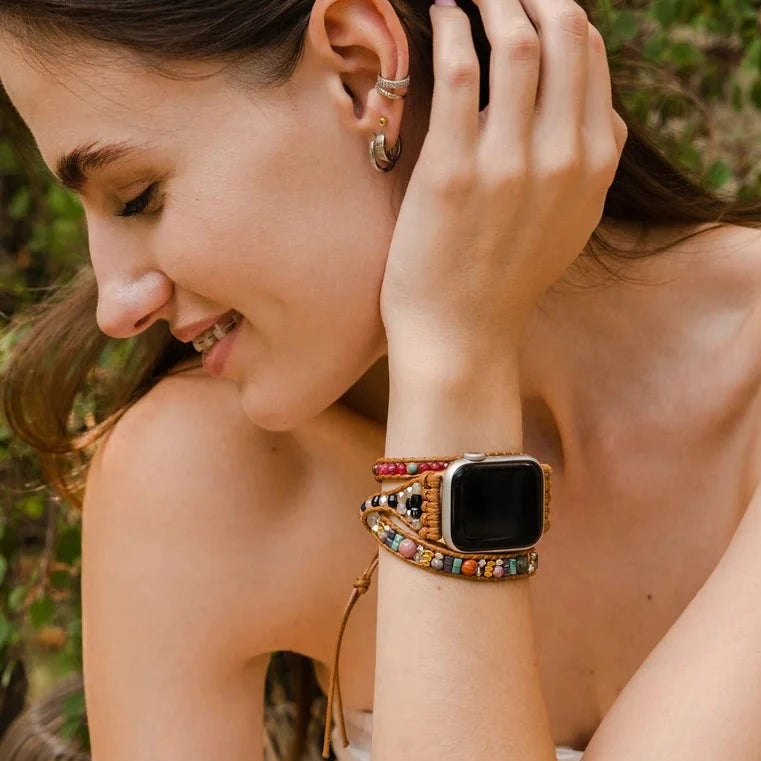 close-up of person wearing Healing Amethyst Protection strap on an apple watch.