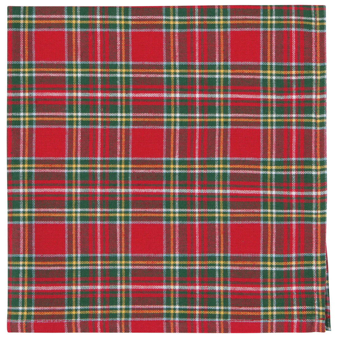 plaid napkin with red, green, yellow and white narrow stripes.