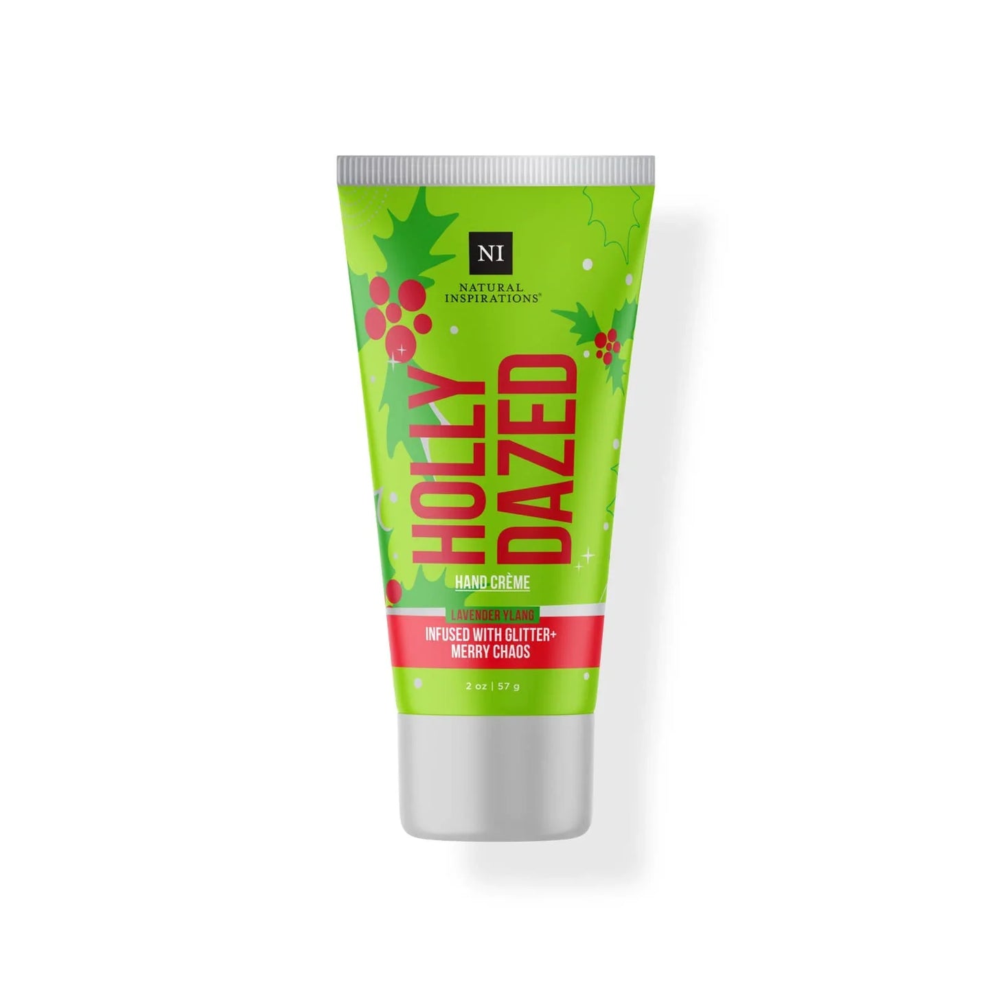 green tube of Holly Dazed Hand Creme with red text and holly design
