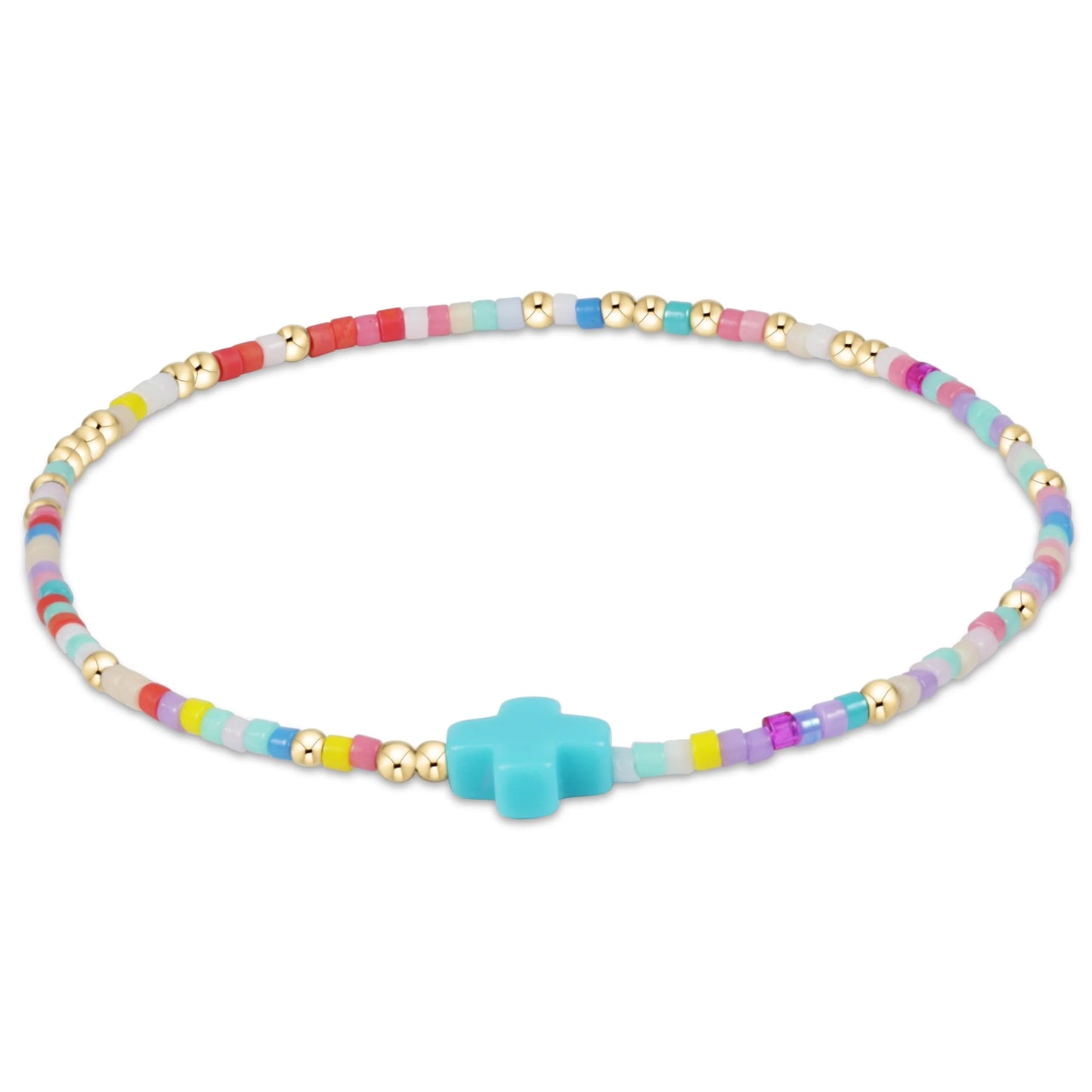hot mess Hope Unwritten Signature Cross Bracelet with multi colored pastel and gold beads with a light blue cross bead