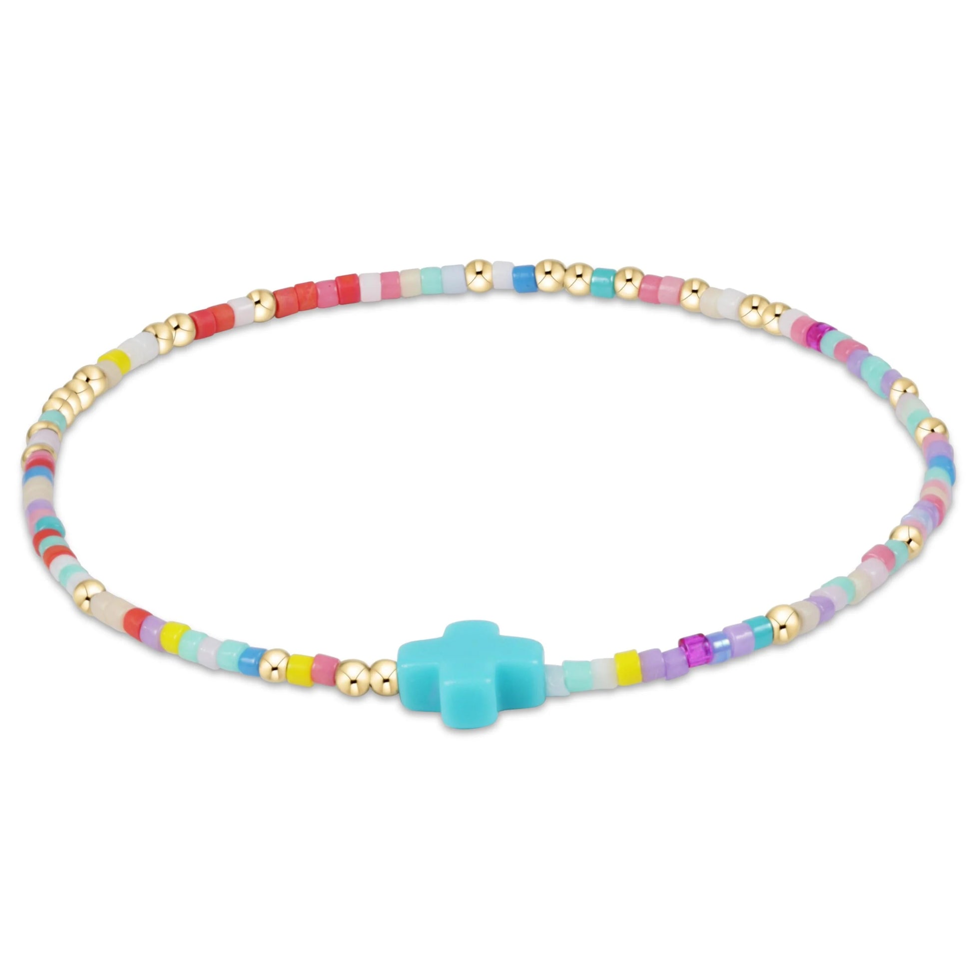 hot mess Hope Unwritten Signature Cross Bracelet with multi colored pastel and gold beads with a light blue cross bead