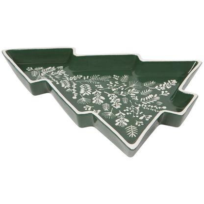 A green, tree-shaped stoneware serving tray with a white greenery pattern.