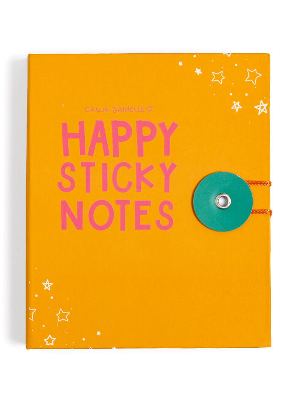 Orange sticky notes pad with 'Happy Sticky Notes' text and star designs on a white background
