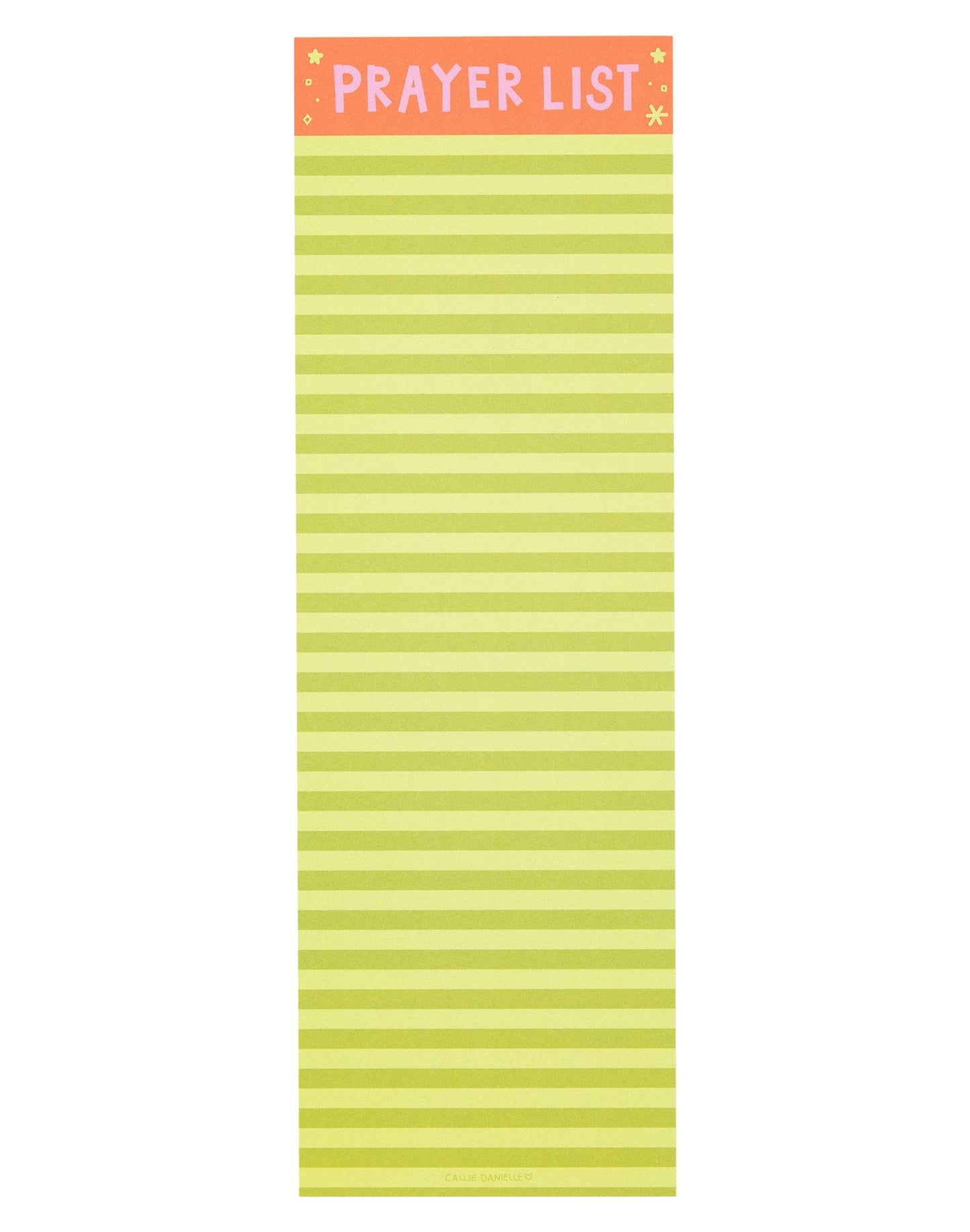 yellow and pale green striped notepad with "prayer list" printed across the top shown on a white background