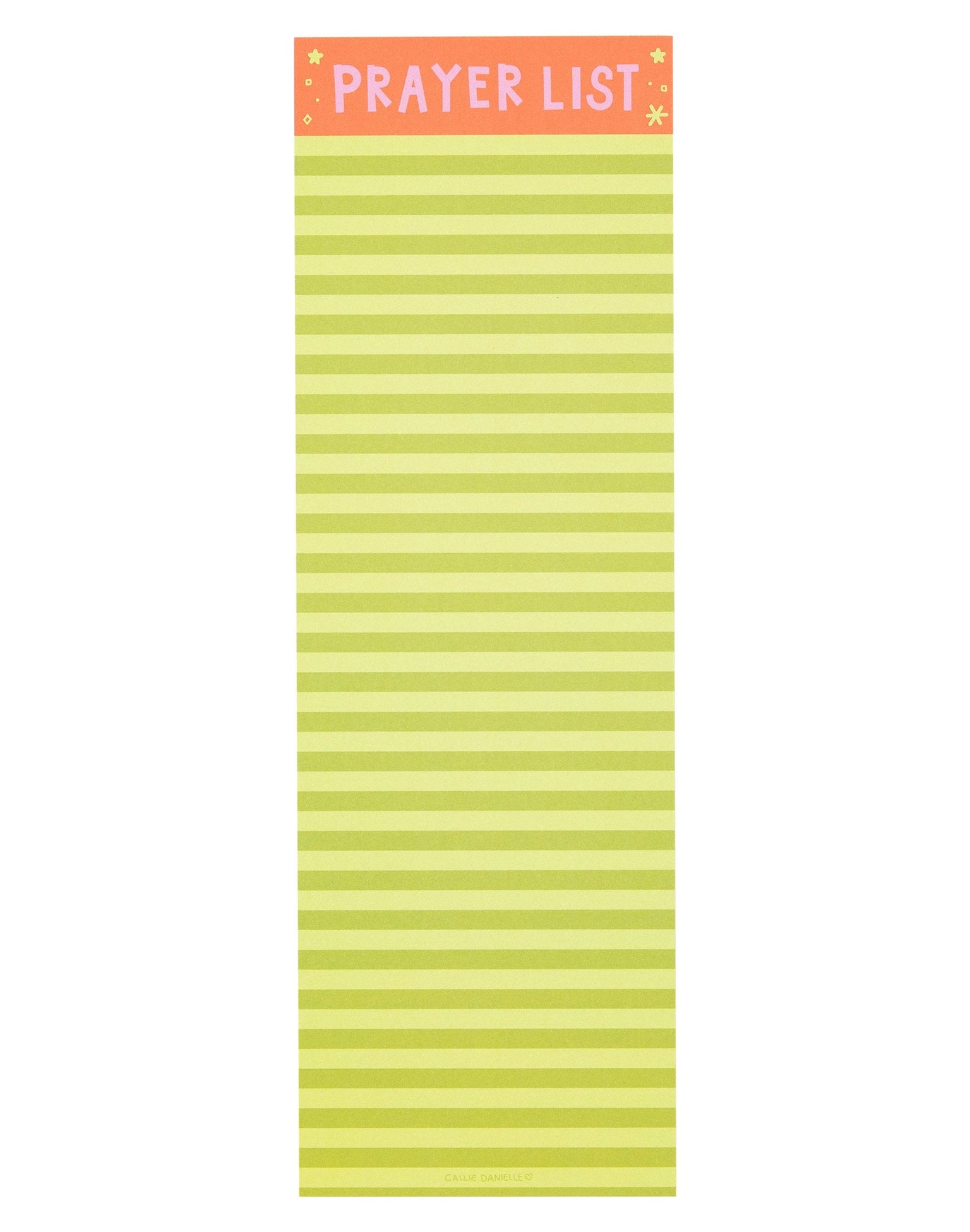 yellow and pale green striped notepad with "prayer list" printed across the top shown on a white background