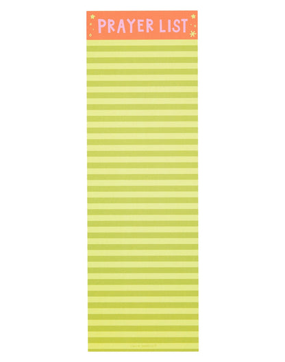 yellow and pale green striped notepad with "prayer list" printed across the top shown on a white background