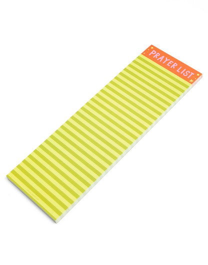 angled view of yellow and pale green striped notepad with "prayer list" printed across the top