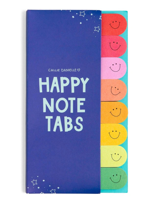 Blue notebook with 'Happy Note Tabs' and colorful smiley face tabs on a white background