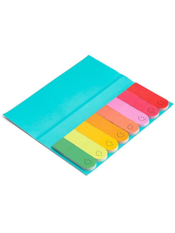 Colorful sticky notes with smiley faces on a white background
