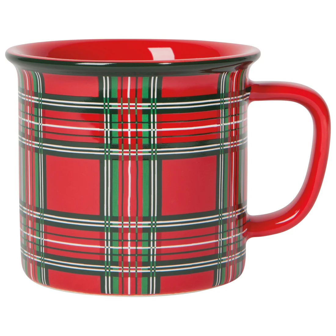 red mug with green and white tartan plaid design.