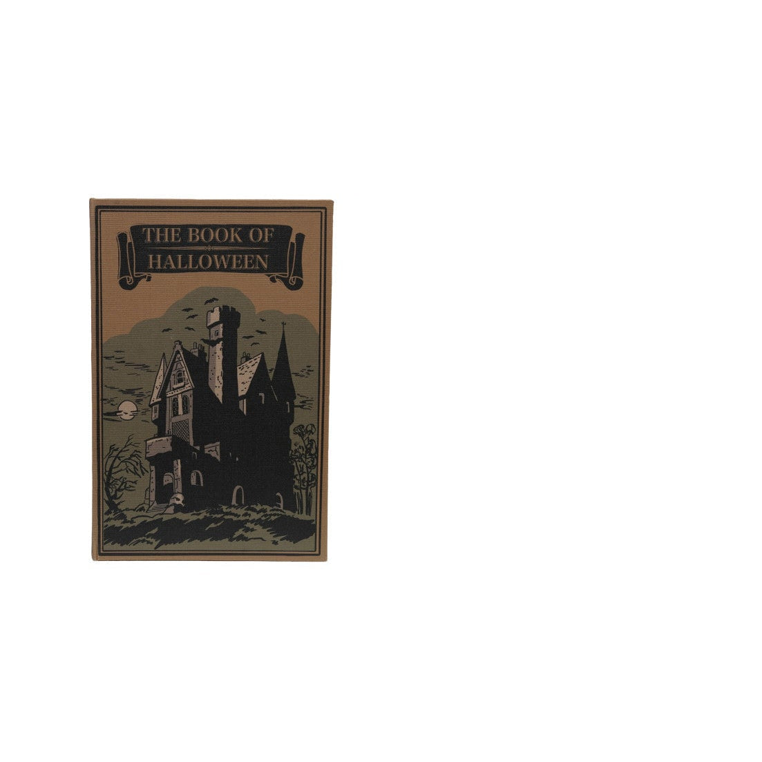 A vintage-style illustrated book box cover titled "THE BOOK OF HALLOWEEN," showing a dark haunted house and moon against a muted tan and green background