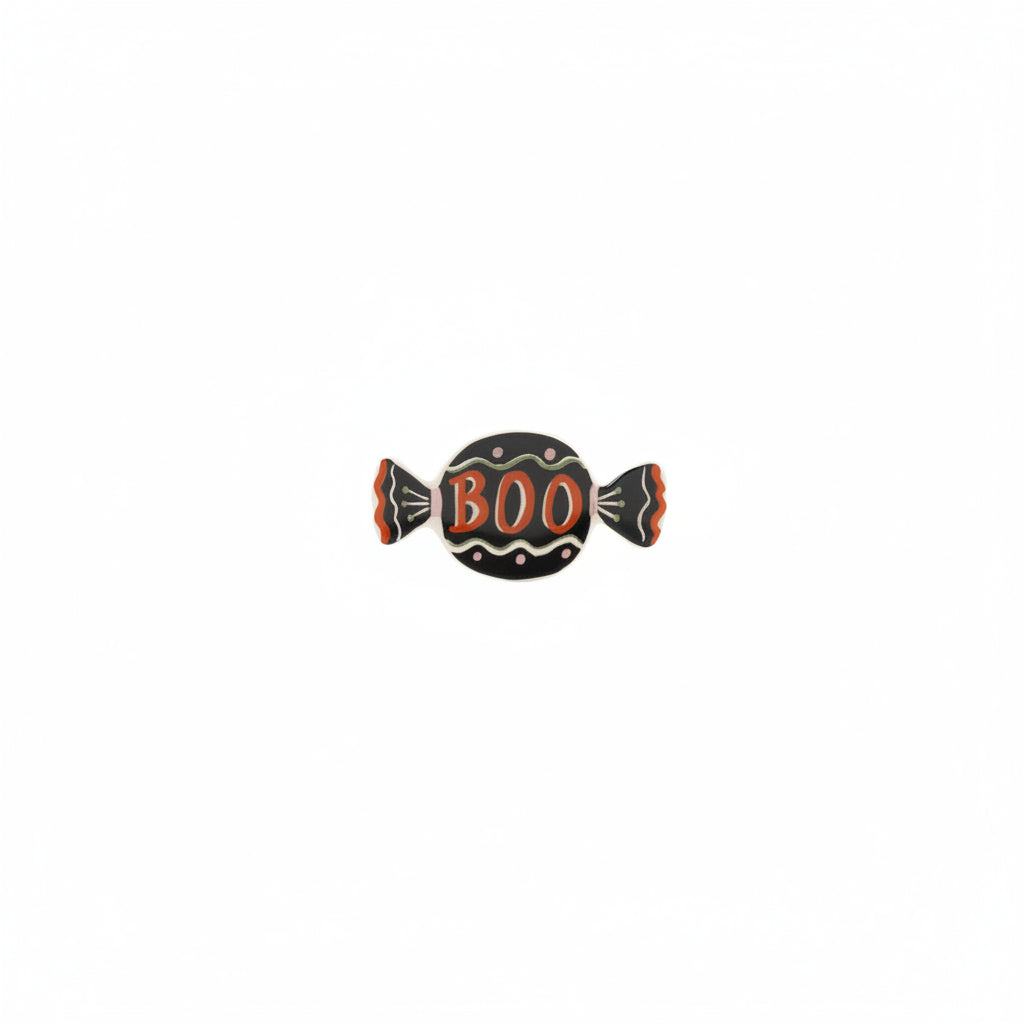 black candy shaped small dish with "boo" printed on it