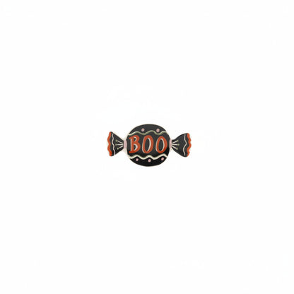 black candy shaped small dish with "boo" printed on it