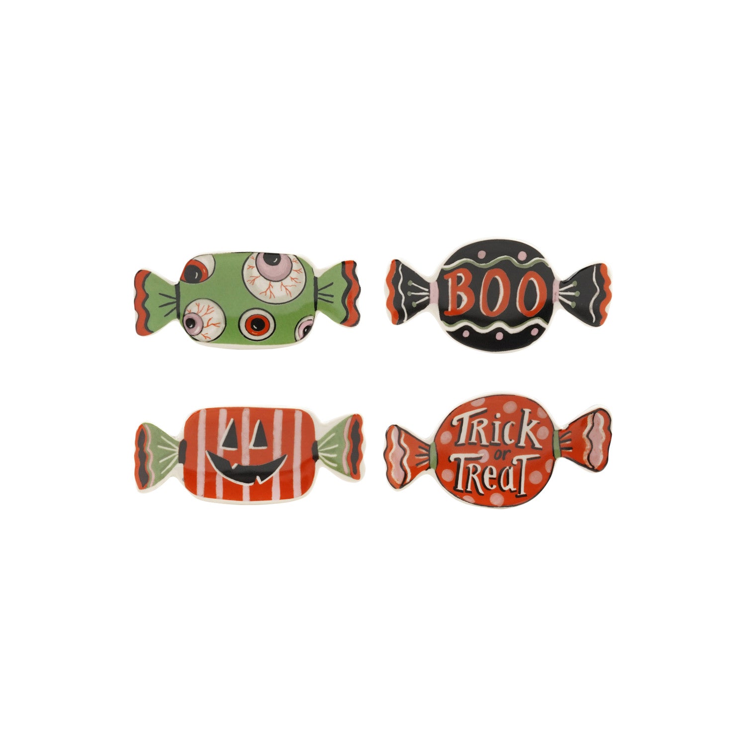4 halloween candy dishes in 2 rows on a white background