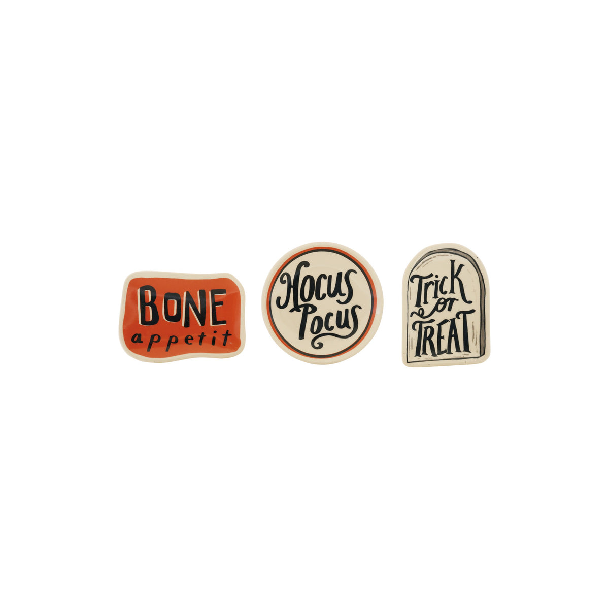 Three Halloween-themed small dishes with text on a white background