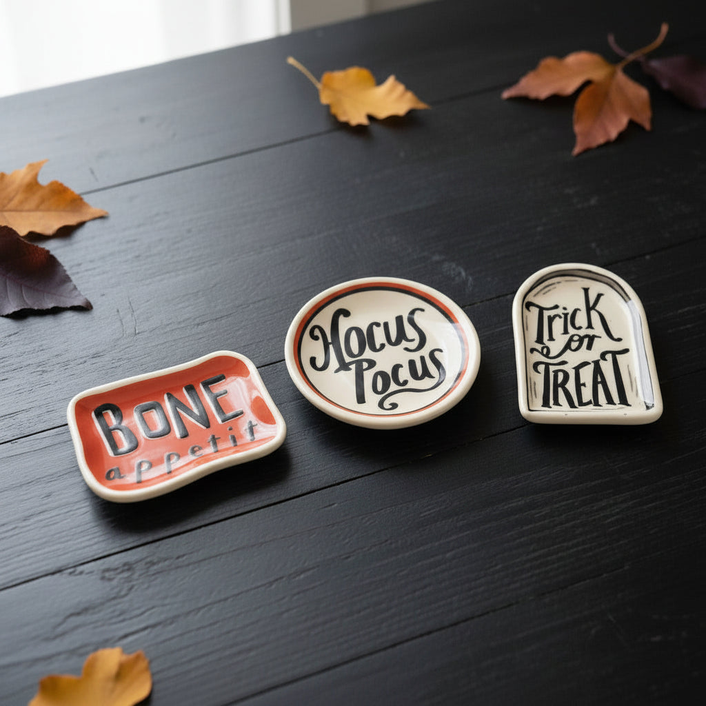 Three Halloween-themed small dishes arranged on a black wooden table with a few dried leave scattered around