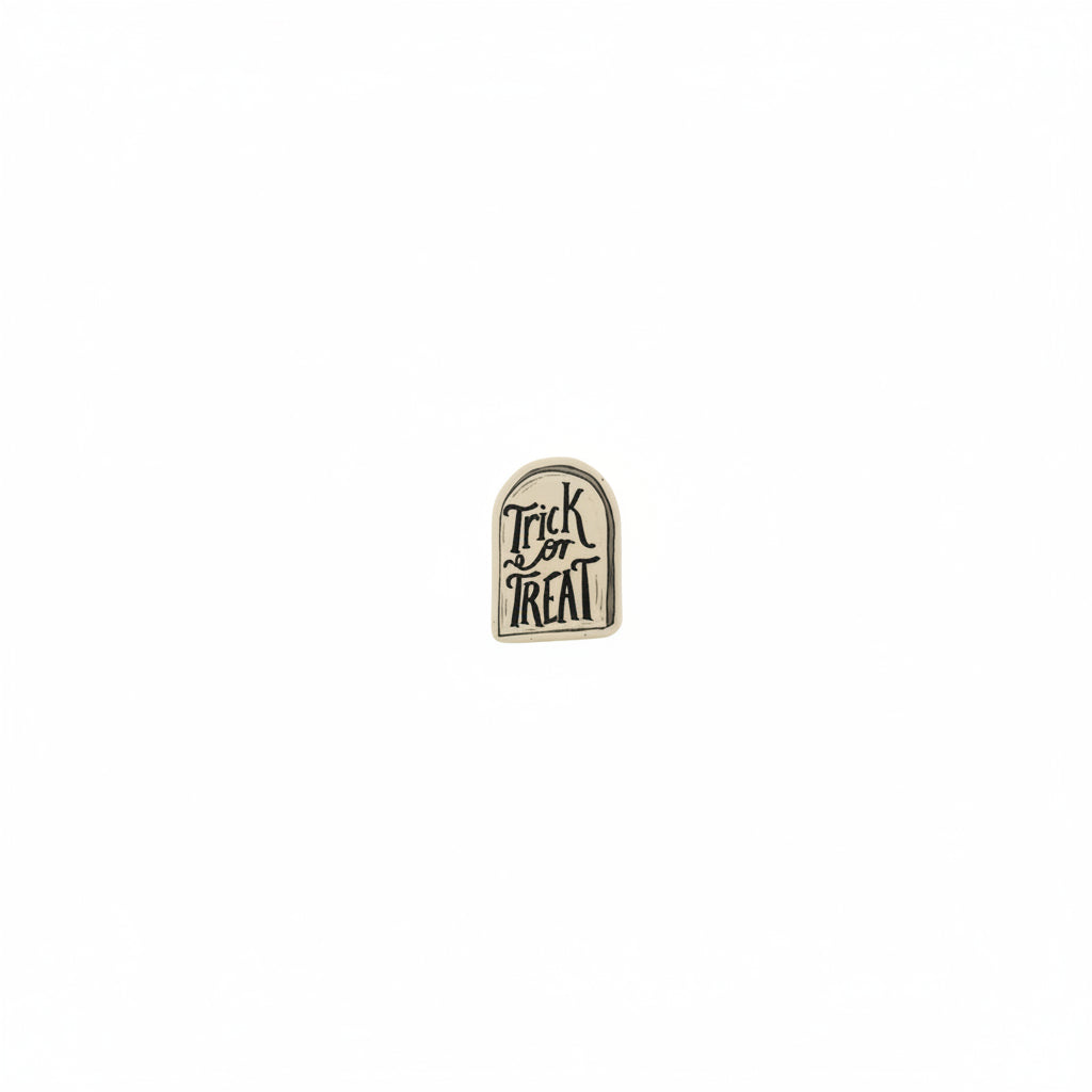 arched white trinket tray with "trick or treat" printed on it in black shown on a white background