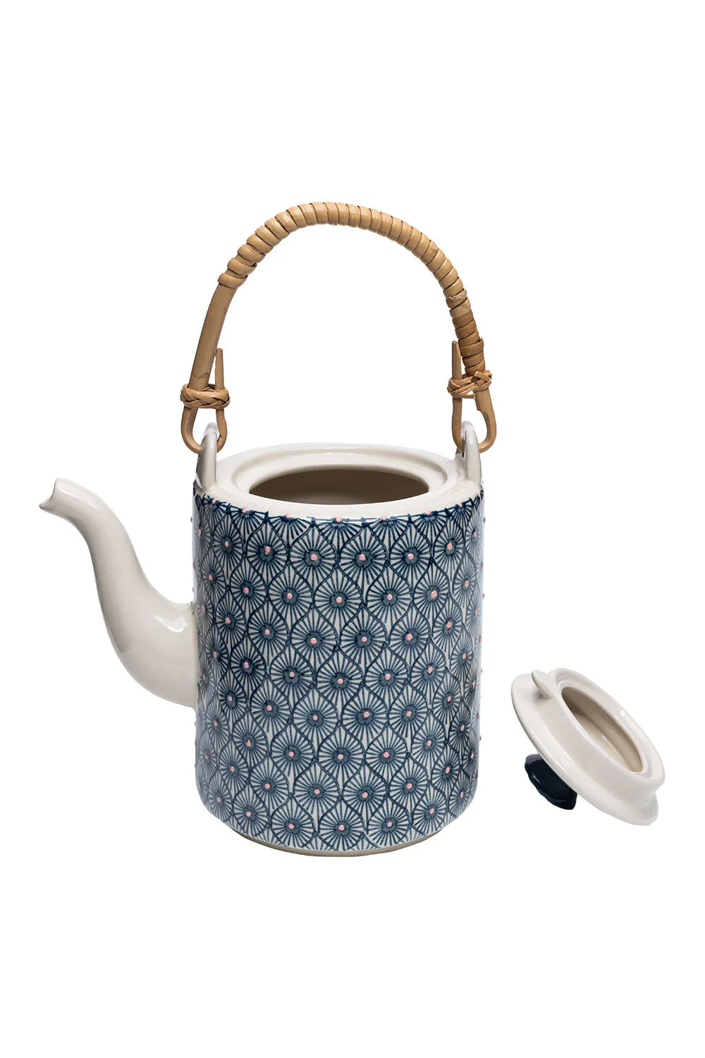 Teapot with a blue pattern and cane handle with its lid set next to it
