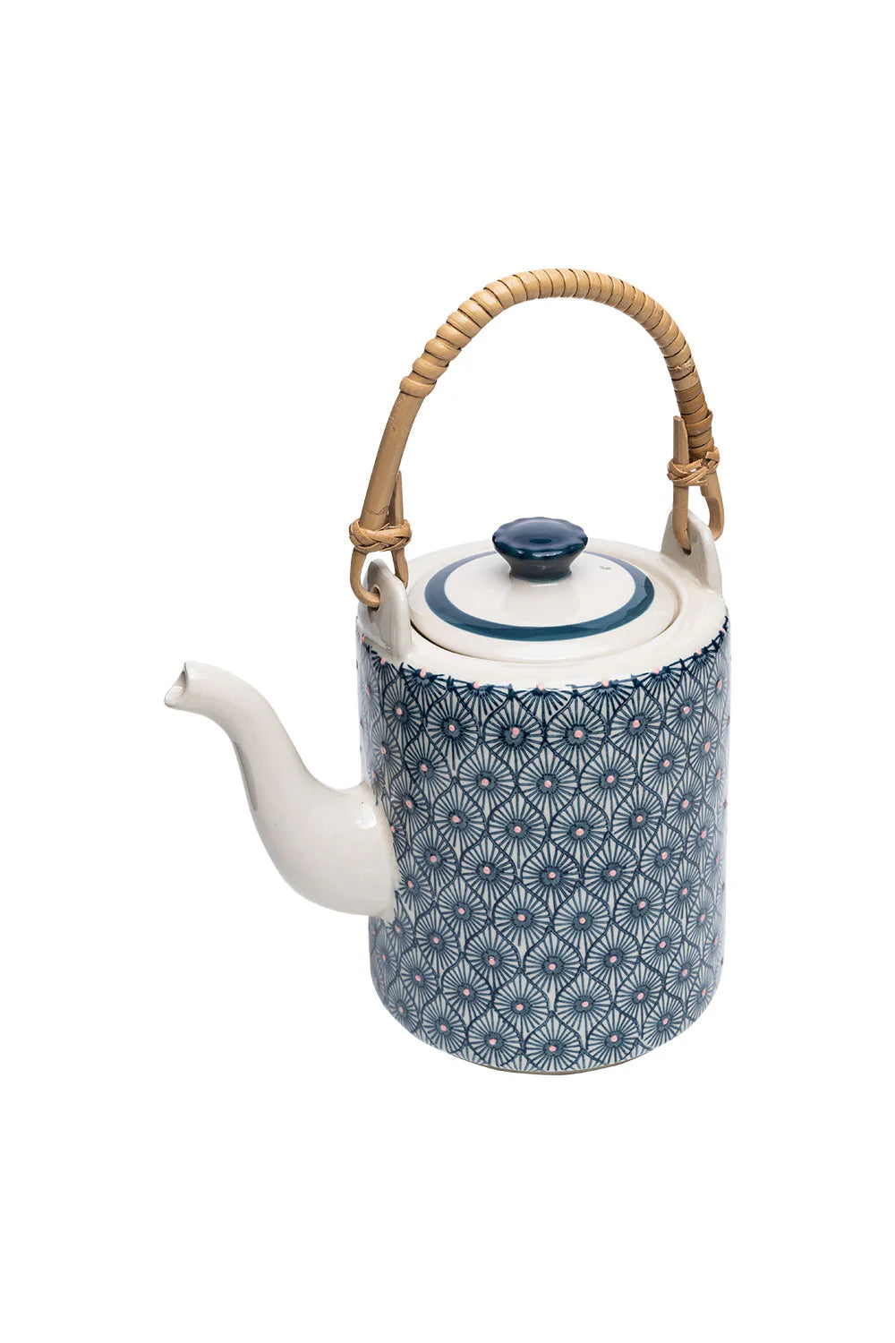 Teapot with blue geometric pattern on a white background